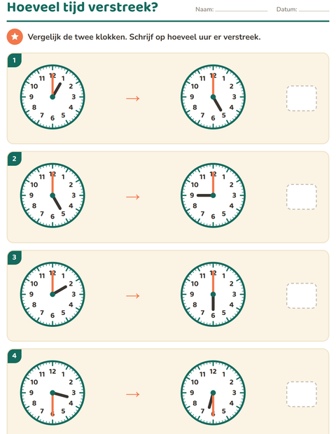 Voorbeeld van het Klokkijken-werkblad voor groep 5
