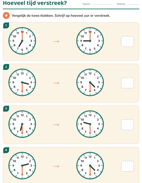 Voorbeeld van het Klokkijken-werkblad voor groep 5