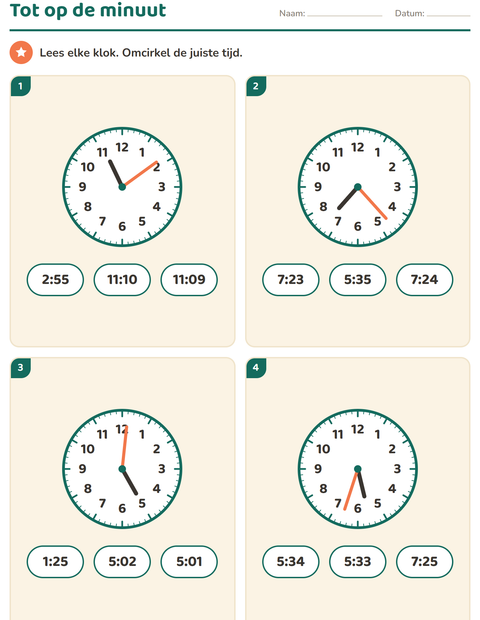 Voorbeeld van het Klokkijken-werkblad voor groep 5