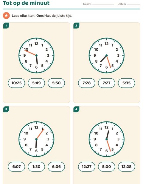 Voorbeeld van het Klokkijken-werkblad voor groep 5