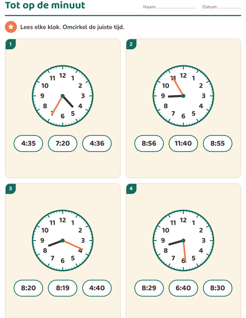 Voorbeeld van het Klokkijken-werkblad voor groep 5