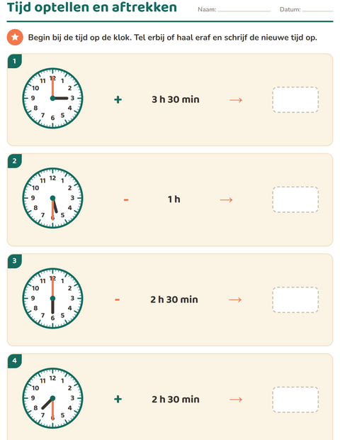 Voorbeeld van het Klokkijken-werkblad voor groep 5