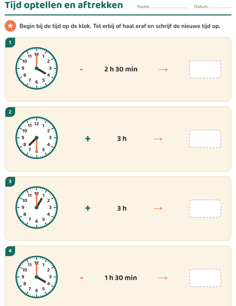Voorbeeld van het Klokkijken-werkblad voor groep 5