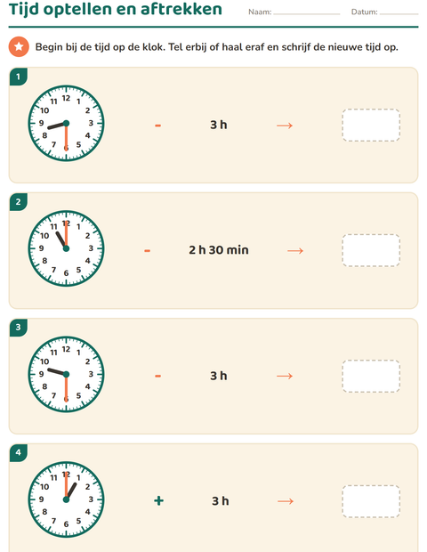 Voorbeeld van het Klokkijken-werkblad voor groep 5