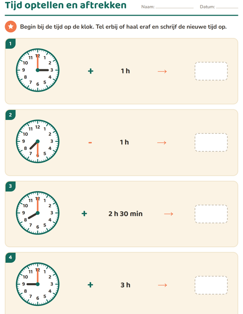 Voorbeeld van het Klokkijken-werkblad voor groep 5