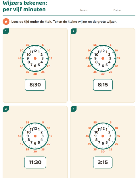 Voorbeeld van het Klokkijken-werkblad voor groep 3
