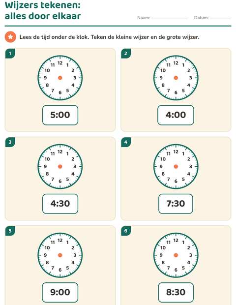 Voorbeeld van het Klokkijken-werkblad voor groep 3