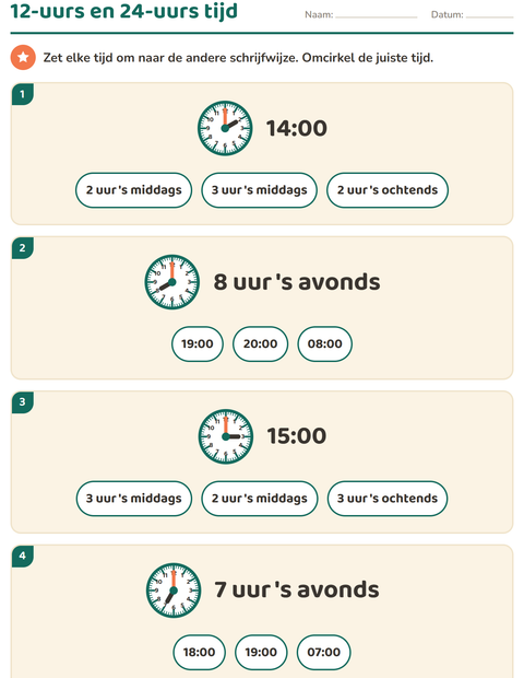 Voorbeeld van het Klokkijken-werkblad voor groep 5