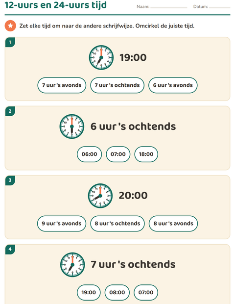 Voorbeeld van het Klokkijken-werkblad voor groep 5