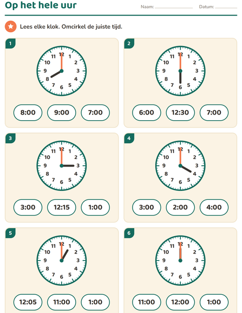 Voorbeeld van het Klokkijken-werkblad voor groep 3