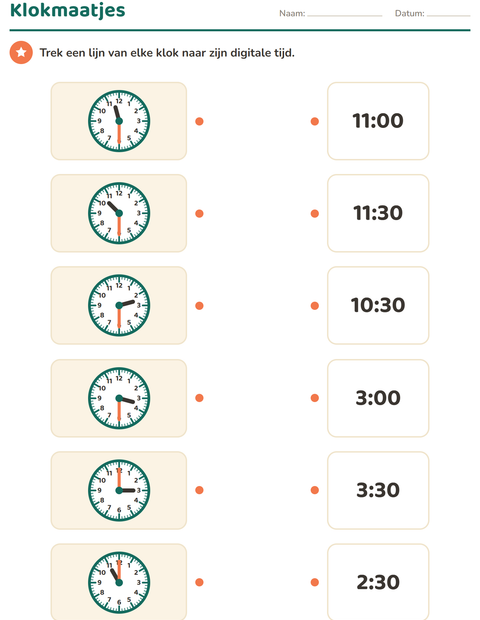 Voorbeeld van het Klokkijken-werkblad voor groep 3