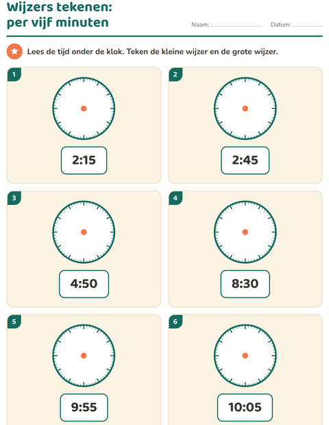 Voorbeeld van het Klokkijken-werkblad voor groep 3