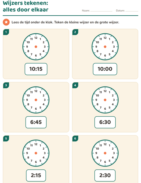 Voorbeeld van het Klokkijken-werkblad voor groep 3