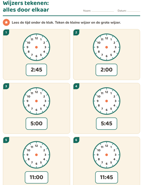 Voorbeeld van het Klokkijken-werkblad voor groep 3