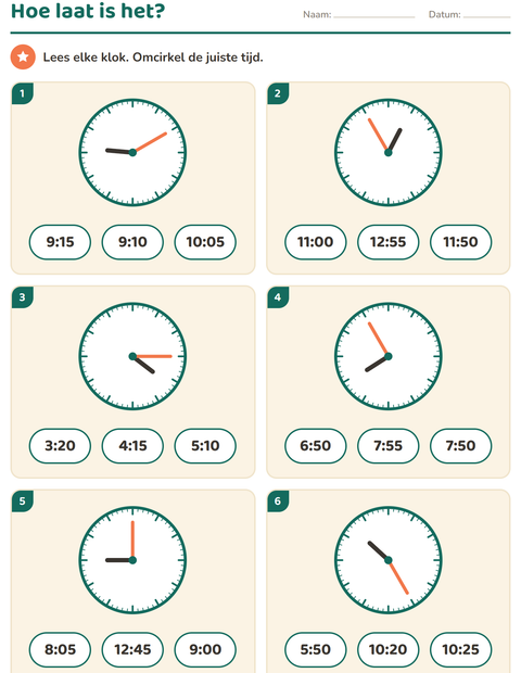 Voorbeeld van het Klokkijken-werkblad voor groep 4