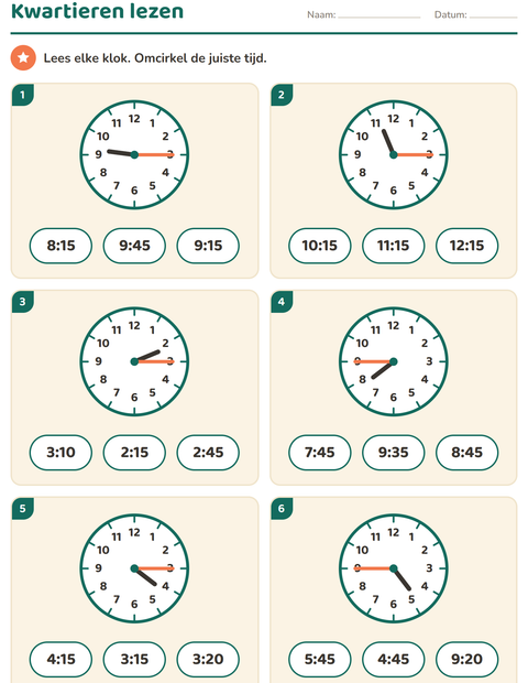 Voorbeeld van het Klokkijken-werkblad voor groep 4