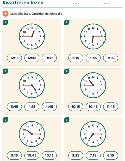 Voorbeeld van het Klokkijken-werkblad voor groep 4