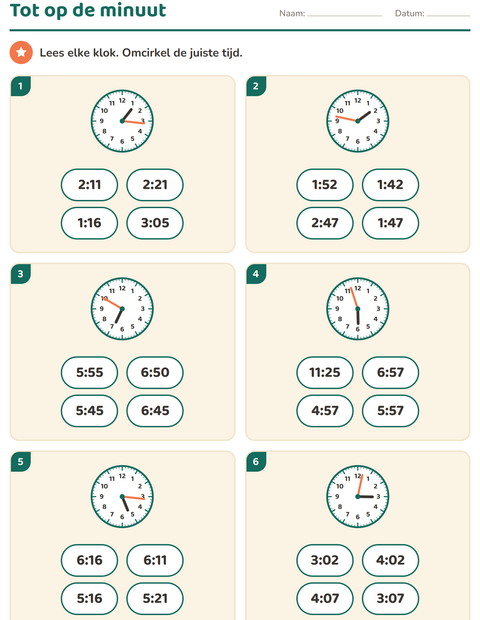 Voorbeeld van het Klokkijken-werkblad voor groep 5