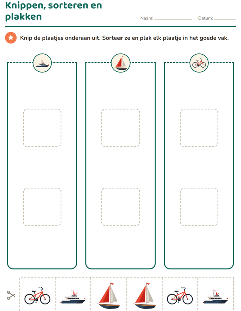 Voorbeeld van het Knipoefeningen-werkblad met Voertuigen voor kleuterklas