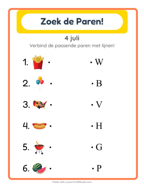 Voorbeeld van het Koppelen-werkblad met 4 juli voor kleuterklas