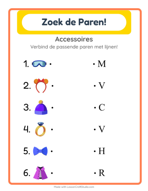Voorbeeld van het Koppelen-werkblad met Accessoires voor kleuterklas