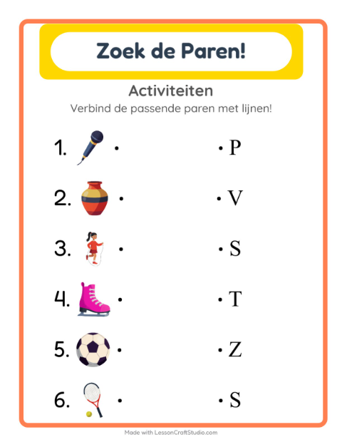 Voorbeeld van het Koppelen-werkblad met Activiteiten voor kleuterklas