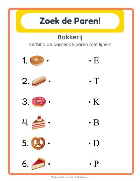 Voorbeeld van het Koppelen-werkblad met Bakkerij voor kleuterklas