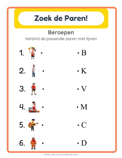 Voorbeeld van het Koppelen-werkblad met Beroepen voor kleuterklas