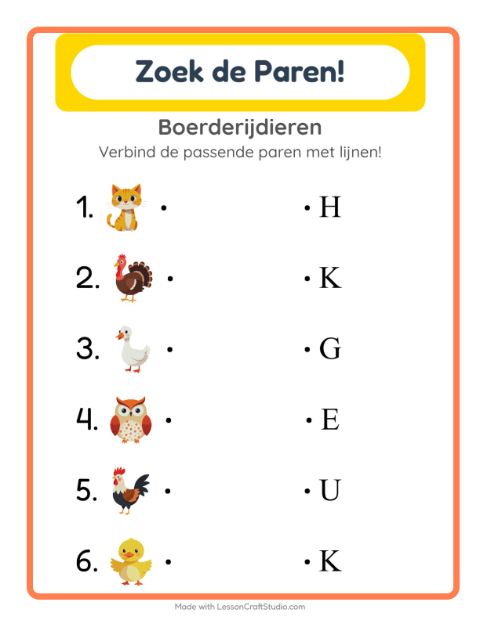 Voorbeeld van het Koppelen-werkblad met Boerderijdieren voor kleuterklas