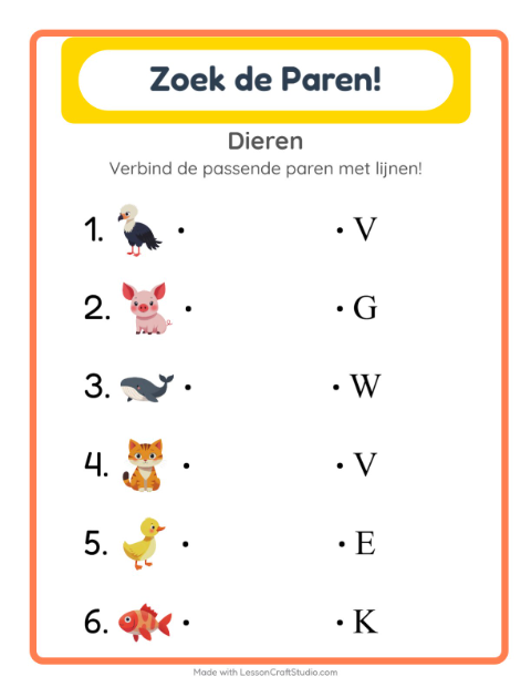 Voorbeeld van het Koppelen-werkblad met Dieren voor kleuterklas