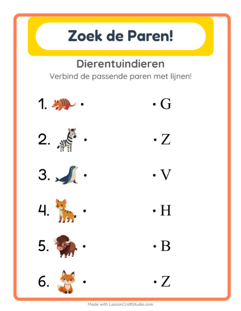 Voorbeeld van het Koppelen-werkblad met Dierentuindieren voor kleuterklas