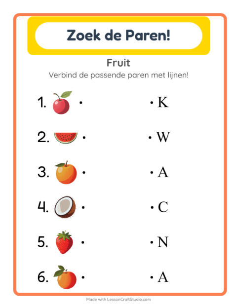 Voorbeeld van het Koppelen-werkblad met Fruit voor kleuterklas
