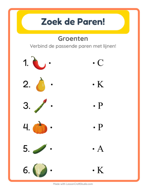 Voorbeeld van het Koppelen-werkblad met Groenten voor kleuterklas