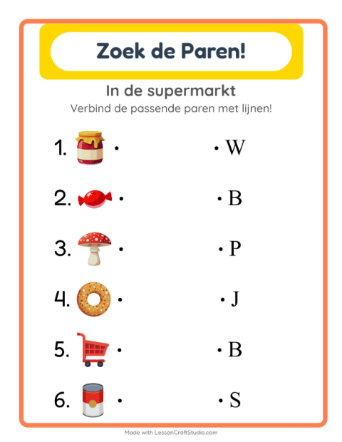 Voorbeeld van het Koppelen-werkblad met In de supermarkt voor kleuterklas