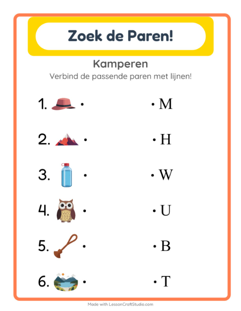 Voorbeeld van het Koppelen-werkblad met Kamperen voor kleuterklas