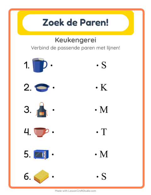 Voorbeeld van Beginletters oefenen met keukenspullen – werkblad voor kleuters
