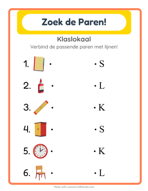 Voorbeeld van het Koppelen-werkblad met Klaslokaal voor kleuterklas