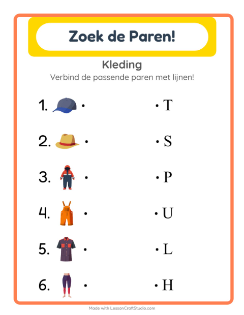 Voorbeeld van het Koppelen-werkblad met Kleding voor kleuterklas