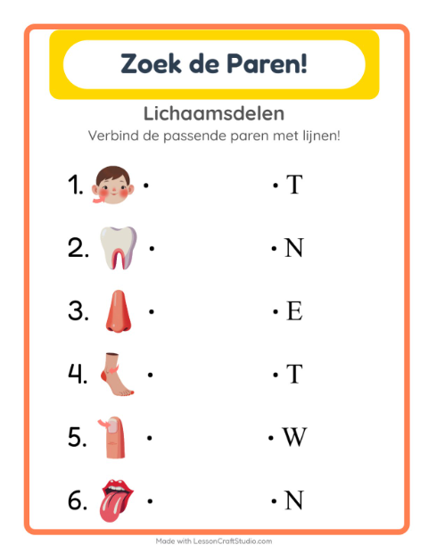 Voorbeeld van het Koppelen-werkblad met Lichaamsdelen voor kleuterklas