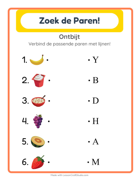 Voorbeeld van het Koppelen-werkblad met Ontbijt voor kleuterklas