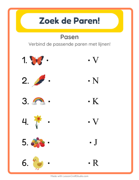 Voorbeeld van het Koppelen-werkblad met Pasen voor kleuterklas