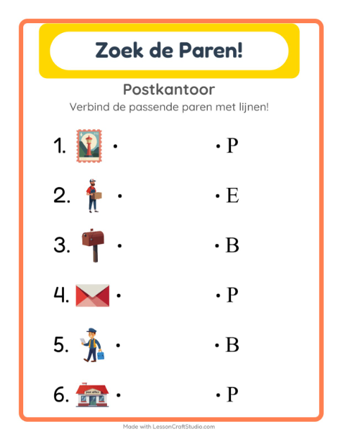 Voorbeeld van het Koppelen-werkblad met Postkantoor voor kleuterklas