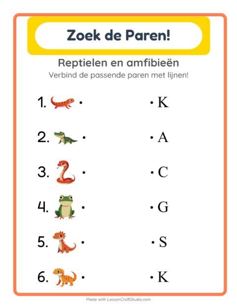 Voorbeeld van het Koppelen-werkblad met Reptielen en amfibieën voor kleuterklas