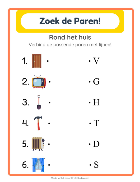 Voorbeeld van het Koppelen-werkblad met Rond het huis voor kleuterklas