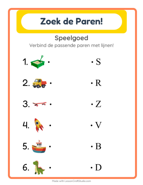 Voorbeeld van het Koppelen-werkblad met Speelgoed voor kleuterklas