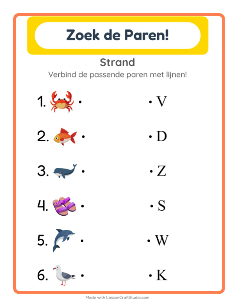 Voorbeeld van het Koppelen-werkblad met Strand voor kleuterklas