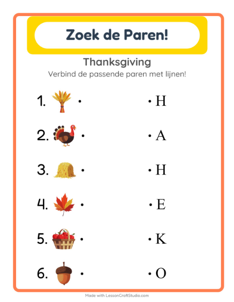 Voorbeeld van het Koppelen-werkblad met Thanksgiving voor kleuterklas