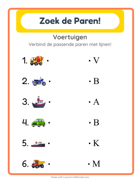 Voorbeeld van het Koppelen-werkblad met Voertuigen voor kleuterklas