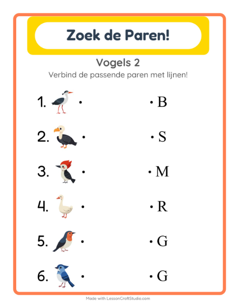 Voorbeeld van het Koppelen-werkblad met Vogels 2 voor kleuterklas