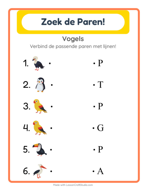 Voorbeeld van het Koppelen-werkblad met Vogels voor kleuterklas